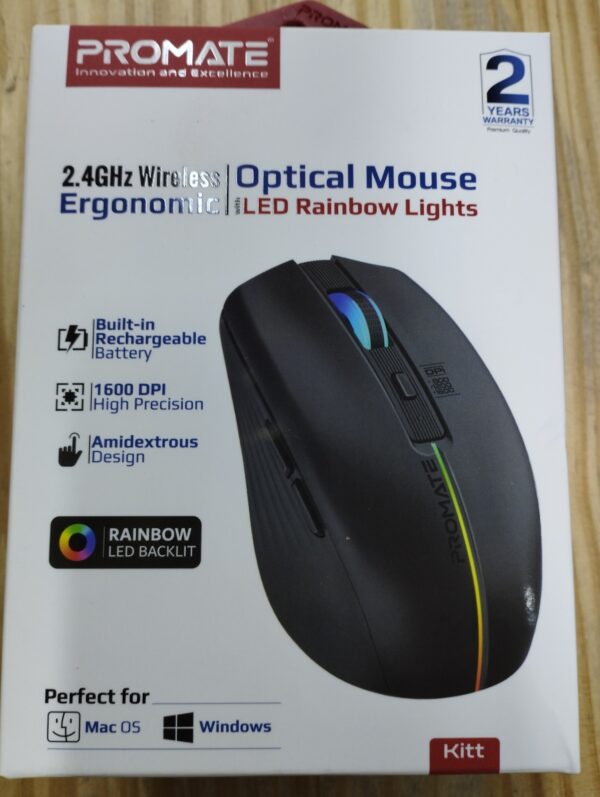 Promate Portable Optical Ergonomic- Led Rainbow Lights 2.4G Wireless Mouse